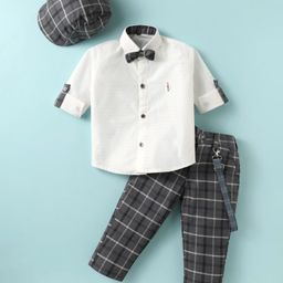 Radutu Full Sleeves Checked Shirt & Trouser With Cap Bow & Suspender Set - White & Dark Grey-image-98