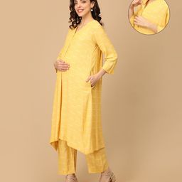 The Mom Store Rayon Knit Three Fourth Sleeves Abstract Printed Maternity & Nursing Kurta With Coordinating Pant Set - Yellow-image-50