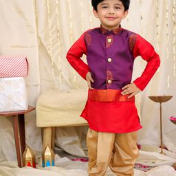 KID1 Silk Woven Full Sleeves Kurta Dhoti With Floral Foil Printed Jacket Set - Purple & Red-image-2