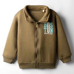 Doreme Fleece Knit Full Sleeves Sweatjacket With Boston Print - Khaki-picture-45