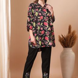 FASHOR Floral Printed Thread Work Pure Cotton Kaftan Kurti With Trousers-image-19
