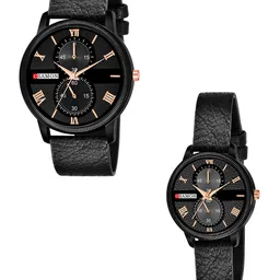 CSAMON Unisex Pack Of 2 Leather Straps Analogue Watch Csamon_09_Black Couple-22