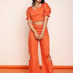 LOVEPRASHA Women Solid Sweetheart Neck Crop Top with Flower Cut Trouser Co-Ord Set-image-63