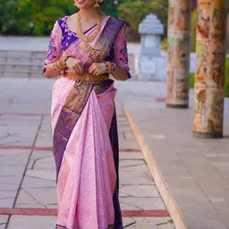 INDIOTSAV Ethnic Motifs Woven Design Zari Banarasi Saree with Blouse Piece-image-59