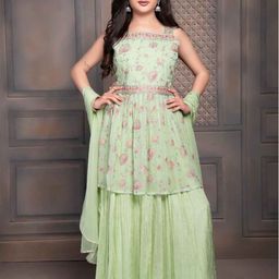 Lagorii Floral Embroidered Empire Kurta with Palazzos & With Dupatta-image-34