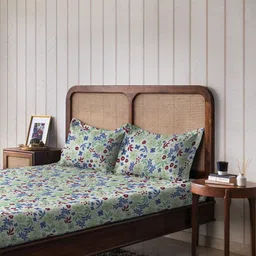 The Happy Pod Green Floral Pure Cotton 144 TC Flat Queen Bedsheet With 2 Pillow Covers-image-11