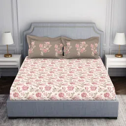SPACES Pink & Green Floral 144 TC King Bedsheet with 2 Pillow Covers-image-59
