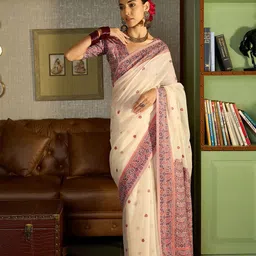 Sangria Ethnic Motifs Woven Design Pure Cotton Saree With Unstitched Blouse-image-44