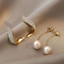 Celestique Artificial Stones Studded & Pearls Beaded Korean Contemporary Drop Earrings-53