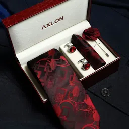 AXLON Men Geometric Tie Pocket Square Cufflink & Flower Pin Accessory Gift Set-18