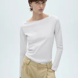 MANGO Boat Neck Pure Cotton T-shirt-image-44