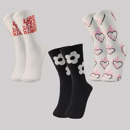 TRAZO Women Pack Of 3 Patterned Printed Calf-Length Socks-56