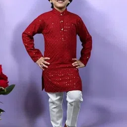 Qtsy Boys Embroidered Regular Mirror Work Pure Cotton Kurta with Pyjamas-12