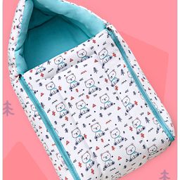 Babyhug Sleeping Bag Teddy Print - White Blue-image-5