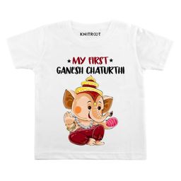 KNITROOT First Ganesh Chaturthi Print Half Sleeves Tee - White-image-58