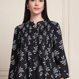 Moda Rapido Floral Printed Mandarin Collar Organic Cotton Shirt Style Top-image-82