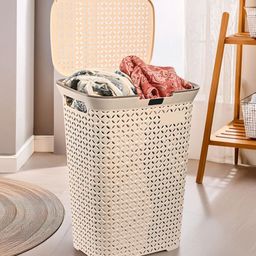 Kuber Industries Cream-Colored Self-Designed Breathable Large Laundry Basket With Lid-70 L-image-85