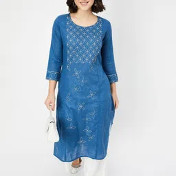 max Floral Embroidered Round Neck Thread Work Straight Cotton Kurta-picture-35