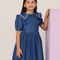 U.S. Polo Assn. Girls Peter Pan Collar Puff Sleeve Fit And Flare Dress-image-78