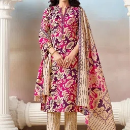 MOJILAA Floral Printed Mandarin Collar Mirror Work Straight Kurta With Trousers & Dupatta-picture-58