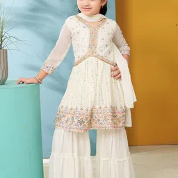 BAESD Girls Embroidered V-Neck Poly Georgette Kurti With Sharara And Dupatta-image-93