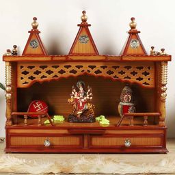 DZYN Furnitures Brown & Yellow Wooden Sunanda Bhawan Wall Mount Pooja Mandir-37