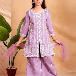 Aarika Girls Ethnic Motifs Embroidered Pure Silk Kurta with Palazzos & With Dupatta-picture-33