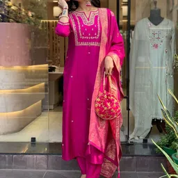 KALINI Floral Embroidered Thread Work Straight Kurta With Trousers & Dupatta-picture-57