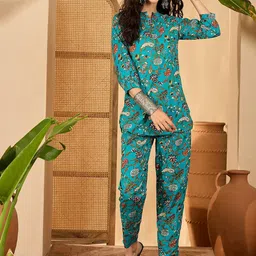 Sangria Floral Printed Mandarin Collar Tunic & Trousers Co-Ords-image-97