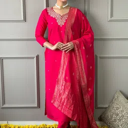 Lilots Women Floral Embroidered Regular Thread Work Chanderi Silk Kurta with Trousers & With Dupatta-picture-14