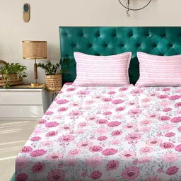 KLOTTHE Pink & White Floral Printed 300 TC Fitted King Bedsheet Set 2.50 m x 2.25 m-picture-40