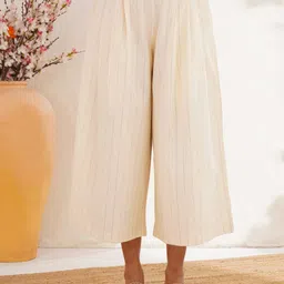 JAYPORE Women Striped Relaxed Flared High-Rise Pleated Cotton Culottes Trousers-image-11