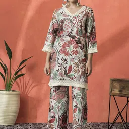 Sangria Floral Printed V-Neck Pure Cotton Straight Kurta With Palazzo-image-35