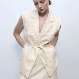 MANGO Notched Lapel Textured Sleeveless Waistcoat With Belt-13