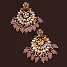 BELWICK Brass-Plated Kundan Studded And Pearls Beaded Floral Shaped Drop Earrings-image-56