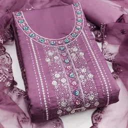 SHADOW & SAINING Floral Beads & Stones Embroidered Pure Silk Semi-Stitched Dress Material-image-35