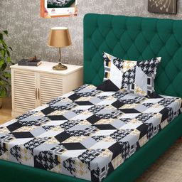 Myntra Elegant Homes Black & Grey Geometric 300 TC Single Bedsheet with 1 Pillow Covers-image-29