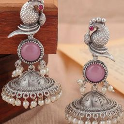 Zoey Silver Plated Pearls Beaded Parrot Shaped Oxidised Jhumkas-56