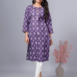 SIMPLYETHNIC Floral Printed Round Neck Gotta Patti Cotton Straight Kurta-image-100