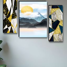 Aura Gold-Toned & Black 3 Pieces Sun Abstract Printed Wooden Wall Art-image-24