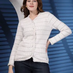 Juelle Women Striped Woollen Cardigan with Fringed Detail-image-66