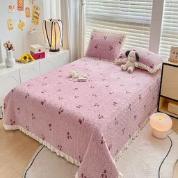 JC HOME Pink & White Printed Cotton Double King Bed & Pillow Cover-picture-2