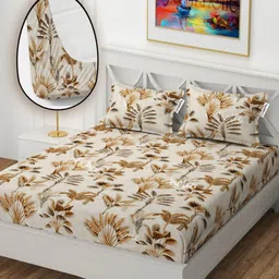 YaAkholic Cream-Coloured & Green 210 TC Queen Bedsheet with 2 Pillow Covers-image-121