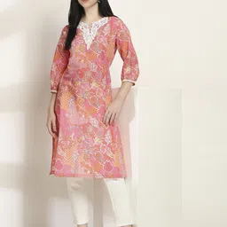 Rangriti Floral Printed Notch Neck Puff Sleeves Cotton Straight Kurta-image-99