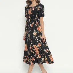 Femvy Women Floral Printed Puff Sleeves Fit & Flare Midi Dress-picture-38