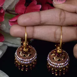 MEIRA JEWELLERY Artificial Stones Studded & Beaded Dome Shaped Jhumkas-picture-25
