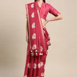 BAPS Floral Printed Saree With Tassels-image-12