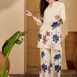Sangria Floral Printed Pure Cotton Tunic With Trouser-image-98