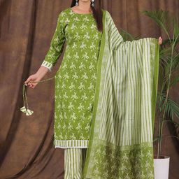 PARTHVI Floral Printed Mirror Work Straight Kurta with Trousers & Dupatta-95