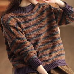 HERE&NOW Women Striped Relaxed Fit Mock Neck Sweater-picture-36